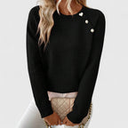 Women's long-sleeve crew neck jumper with shoulder buttons and cropped hem