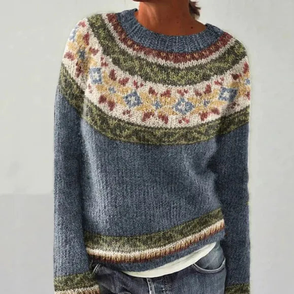 Women's multicolour striped Nordic-style sweater with boat neckline
