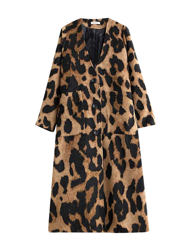 Women's brown leopard longline coat with buttons and patch pockets