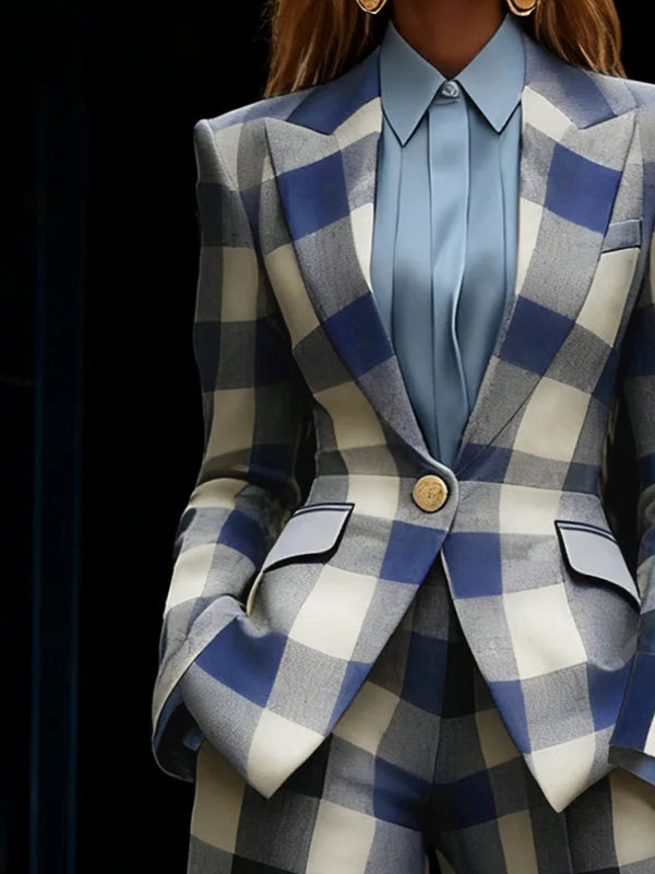 Women's blue checked blazer with notched collar, long sleeves and flap pockets