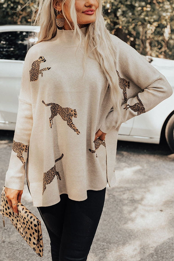 Women's relaxed leopard print sweatshirt with side slits
