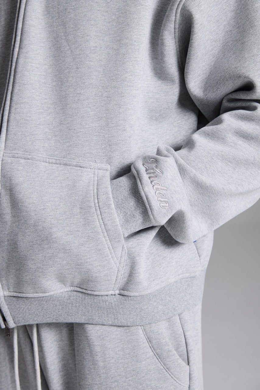 Unisex grey zip front hoodie with hood and pockets