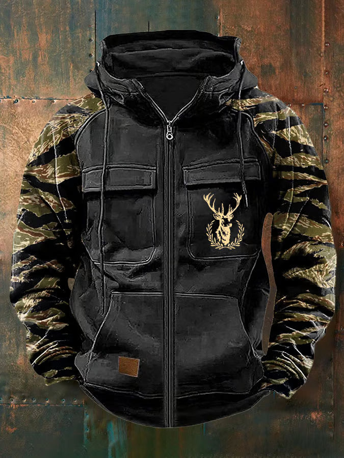 Men's camouflage sleeve zip hoodie with hood and utility pockets