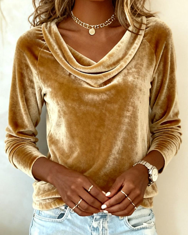 Women's long-sleeved velvet top with draped cowl neckline