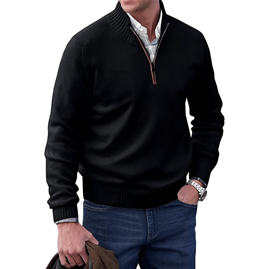 Men's quarter-zip knitted sweater with mock neck and ribbed trims