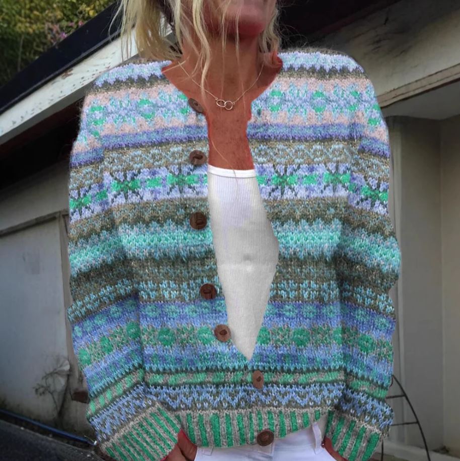 Women's multicolour patterned button front cardigan with long sleeves and ribbed trims