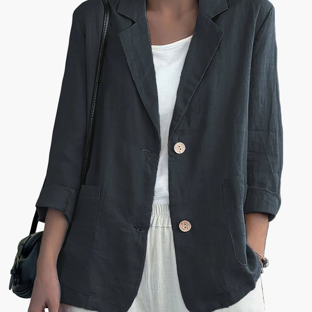 Women's navy blazer with notched lapels and front buttons