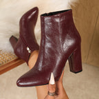 Women's burgundy pointed toe ankle boots with block heels