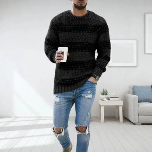 Men's striped knit sweater with crew neckline and long sleeves