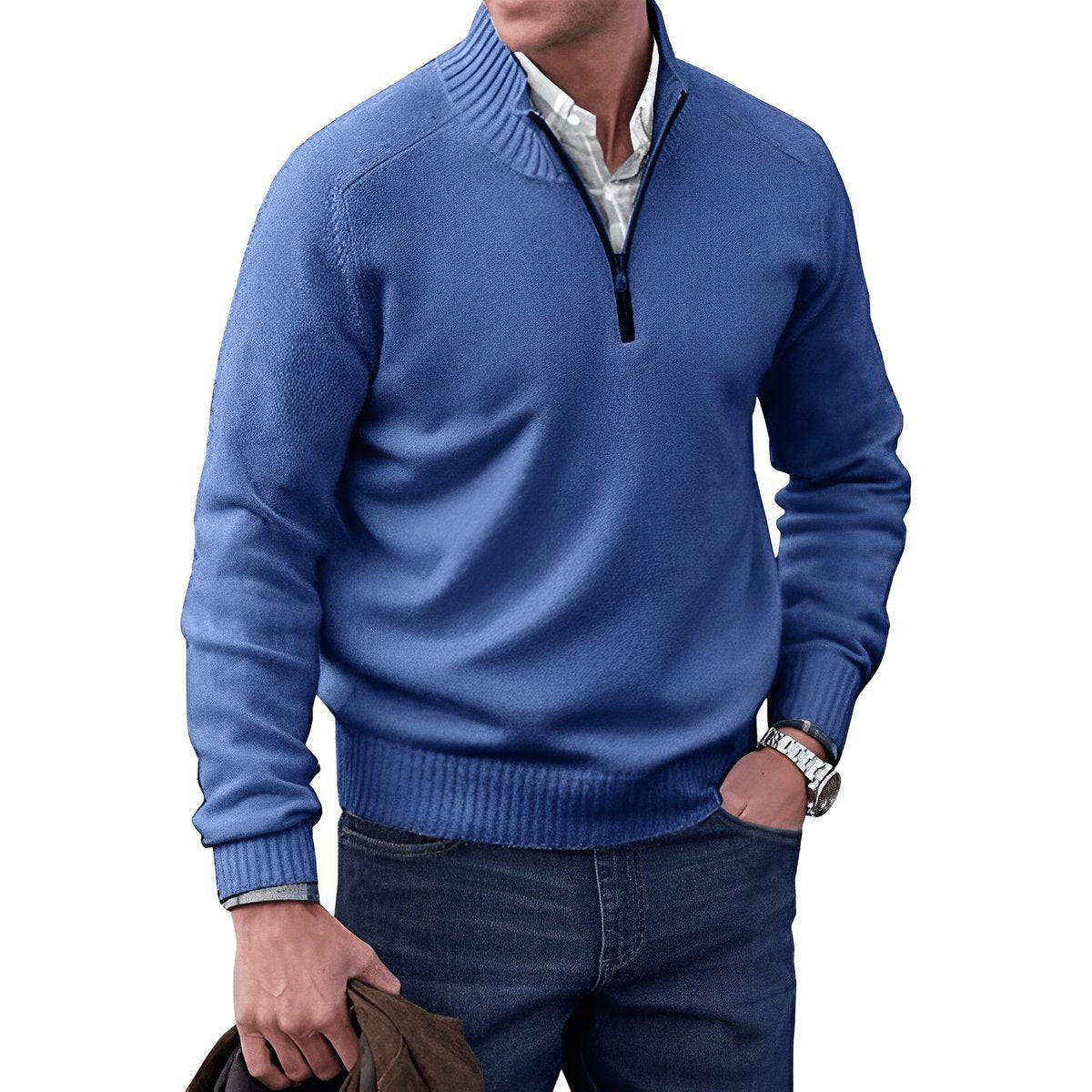 Men's quarter-zip knitted sweater with mock neck and ribbed trims