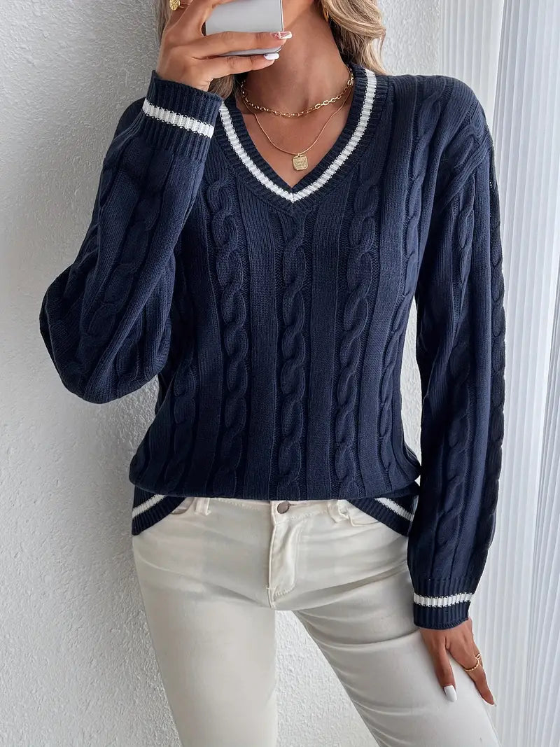 Women's navy cable knit V-neck sweater with contrast striped trims