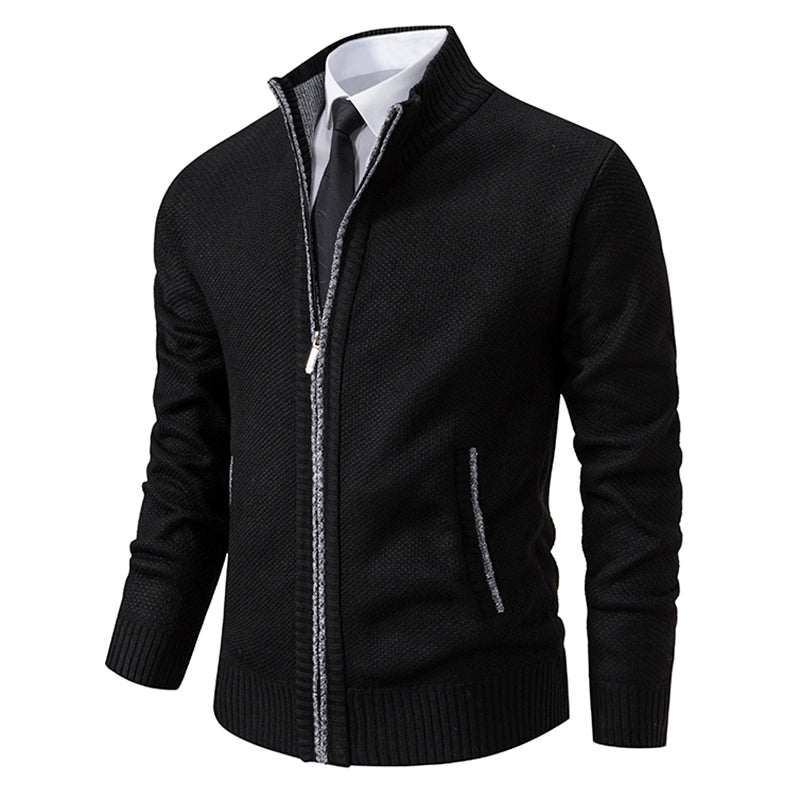 Men's textured zip cardigan with hooded collar and ribbed trims