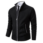 Men's textured zip cardigan with hooded collar and ribbed trims
