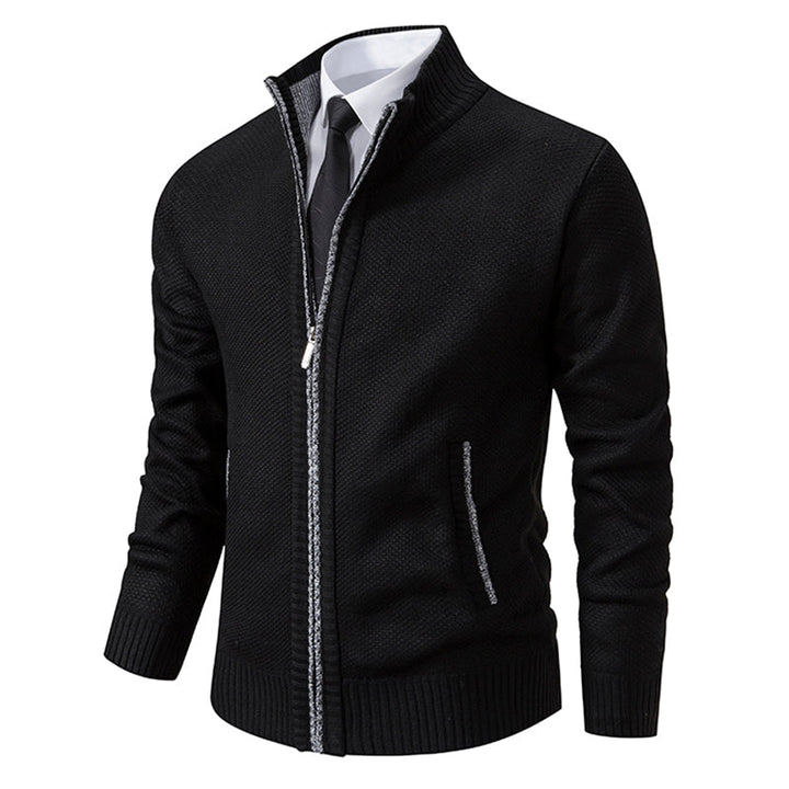 Men's textured zip cardigan with hooded collar and ribbed trims