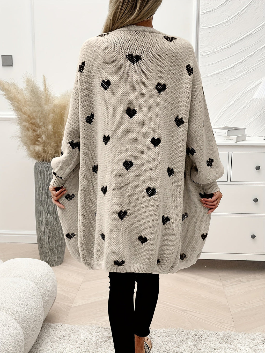Women's heart print longline cardigan with open front and long sleeves
