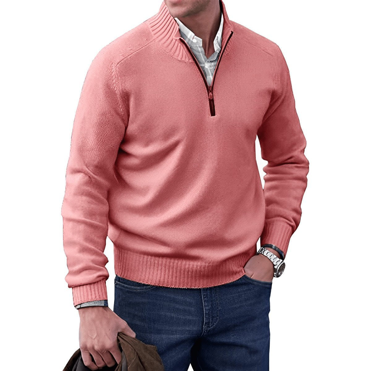 Men's quarter-zip knitted sweater with mock neck and ribbed trims