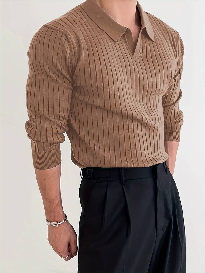 Men's Ribbed Open-Collar Polo Jumper