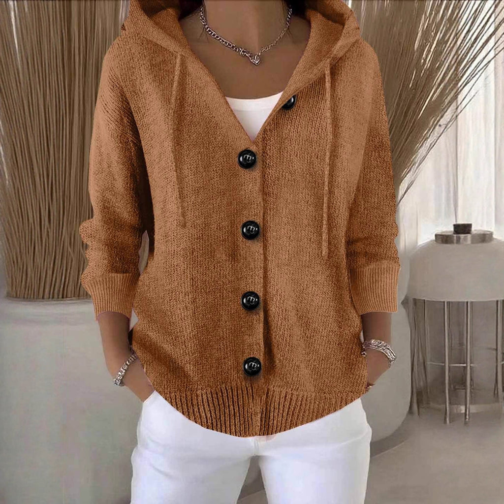 Women's hooded knitted cardigan with long sleeves, buttons and ribbed trims