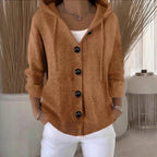 Women's hooded knitted cardigan with long sleeves, buttons and ribbed trims