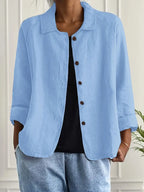 Women's collared shirt-style cardigan with button front and long sleeves