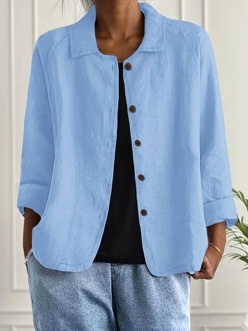 Women's collared shirt-style cardigan with button front and long sleeves