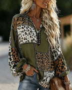 Women's leopard colour block blouse with long sleeves and V-neckline