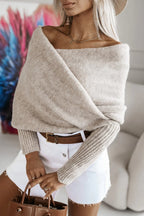 Women's off-shoulder knit poncho sweater with long sleeves