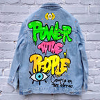Graphic denim jacket with colourful Halloween-style artwork on the back