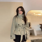 Women's short belted trench coat with high collar and long sleeves