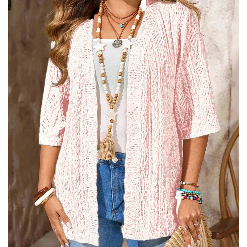 Women's open front textured cardigan with three-quarter sleeves
