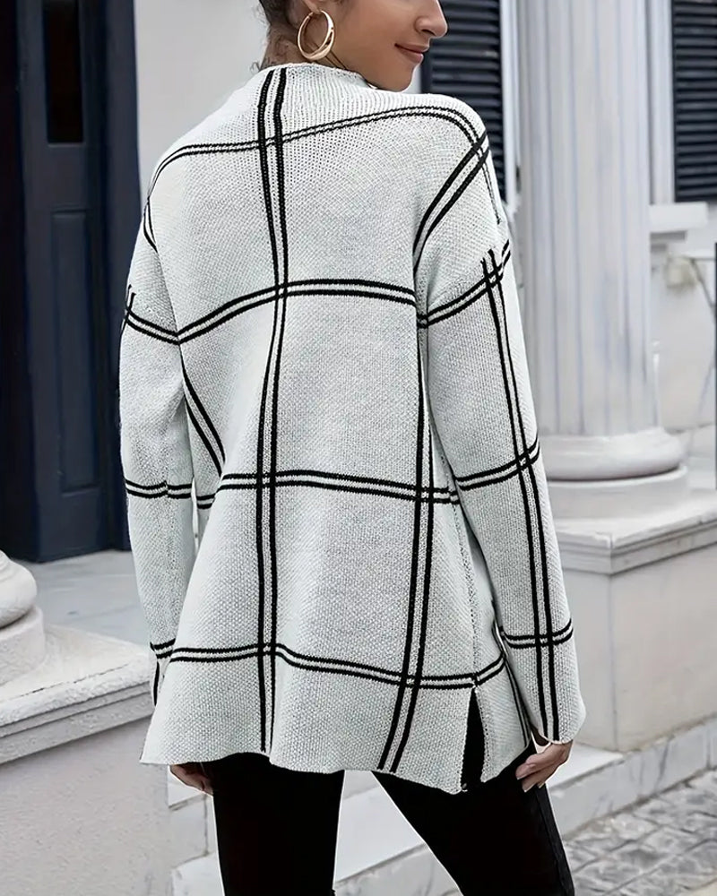 Women's white checkered mock neck sweater with long sleeves and side splits
