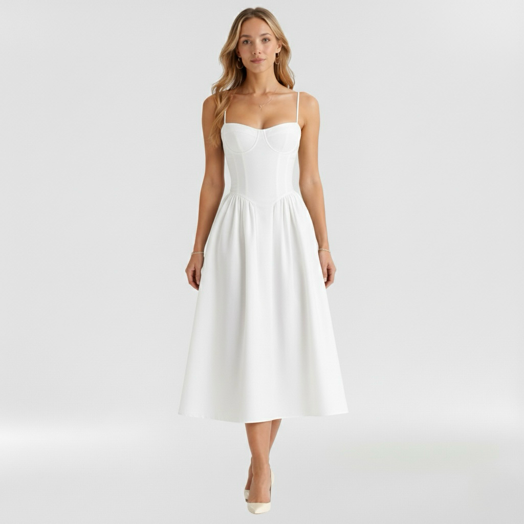 Women's floral corset midi dress with sweetheart neckline and spaghetti straps