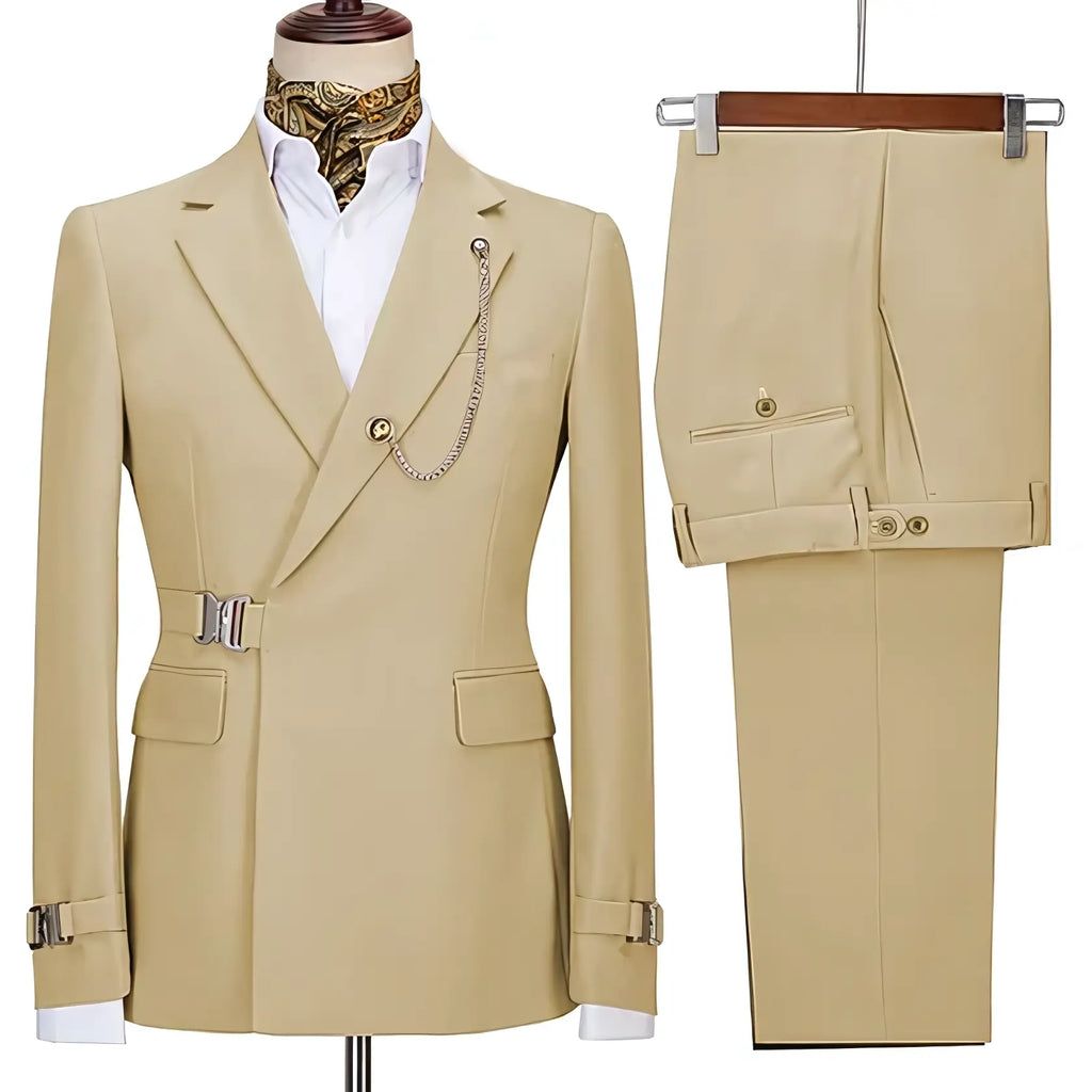 Men's two-piece suit with notched lapels, chain detail, buckle accents and matching trousers