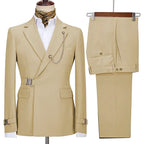 Men's two-piece suit with notched lapels, chain detail, buckle accents and matching trousers
