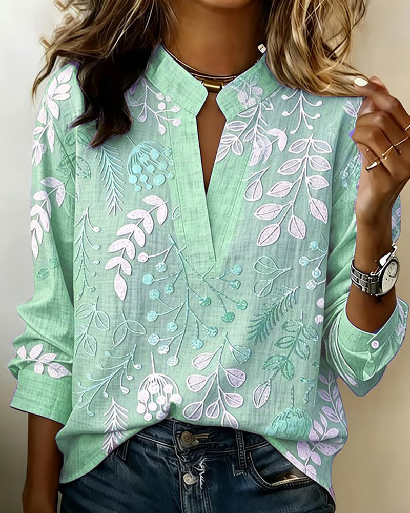 Women's botanical print blouse with mandarin collar and 3/4 sleeves