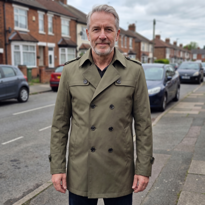 Men's double-breasted trench coat with long sleeves and removable lining