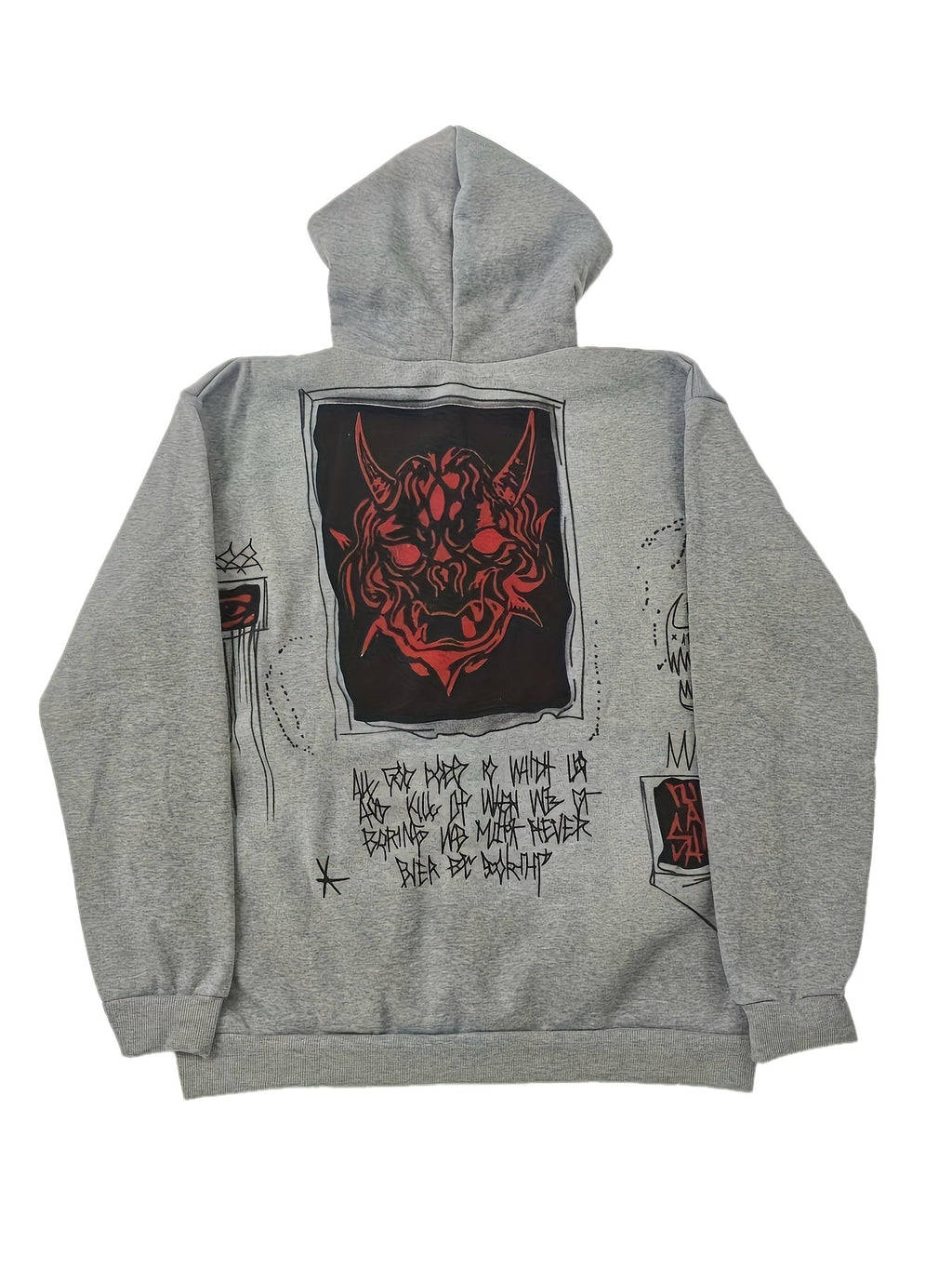 Men's grey zip-up hoodie with hood, graphic patches and front pockets