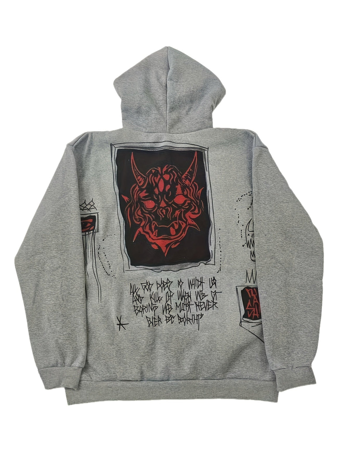 Men's grey zip-up hoodie with hood, graphic patches and front pockets