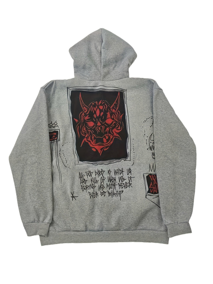 Men's grey zip-up hoodie with hood, graphic patches and front pockets