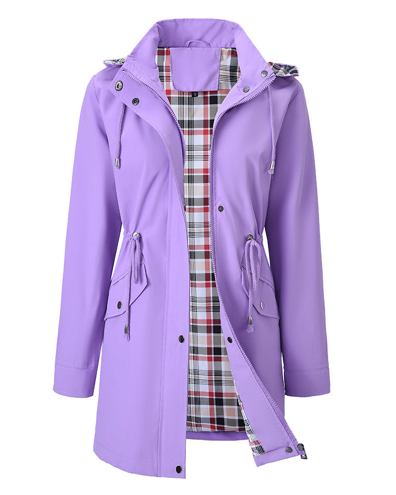 Women's long hooded coat with checked lining, zip front and drawstring waist