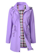 Women's long hooded coat with checked lining, zip front and drawstring waist