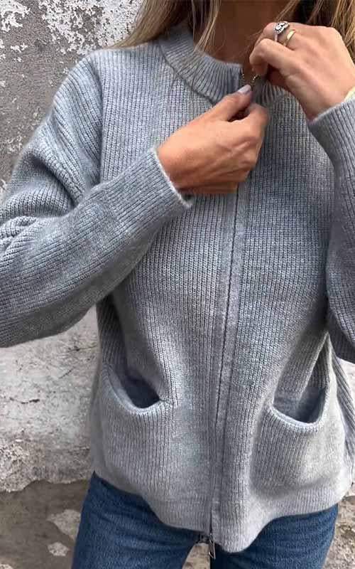 Women's knitted zip jacket with stand collar and front pockets