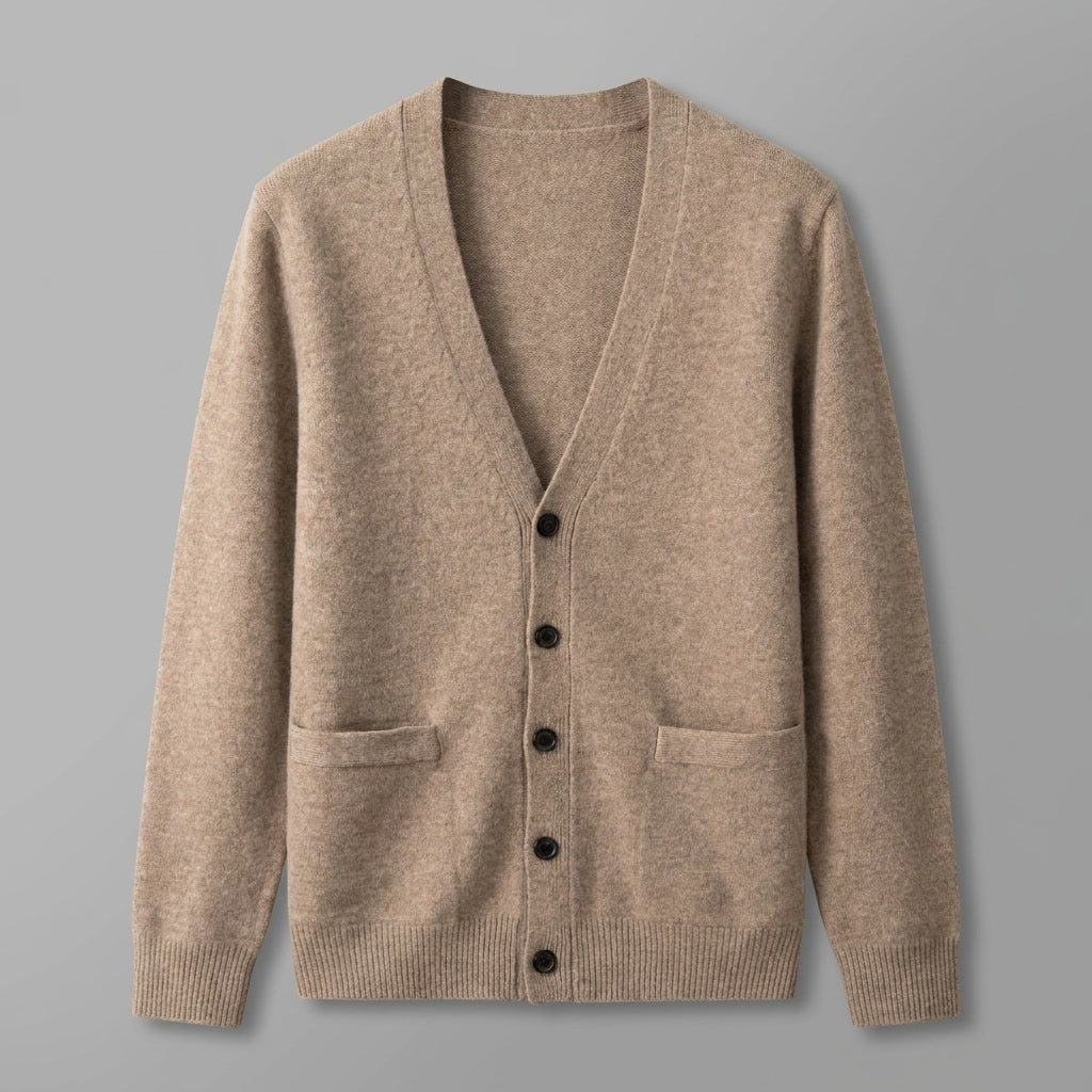Men's plain V-neck cardigan with buttons, long sleeves and patch pockets