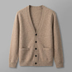 Men's plain V-neck cardigan with buttons, long sleeves and patch pockets