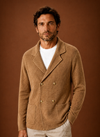 Men's double-breasted knit cardigan with shawl collar and patch pockets