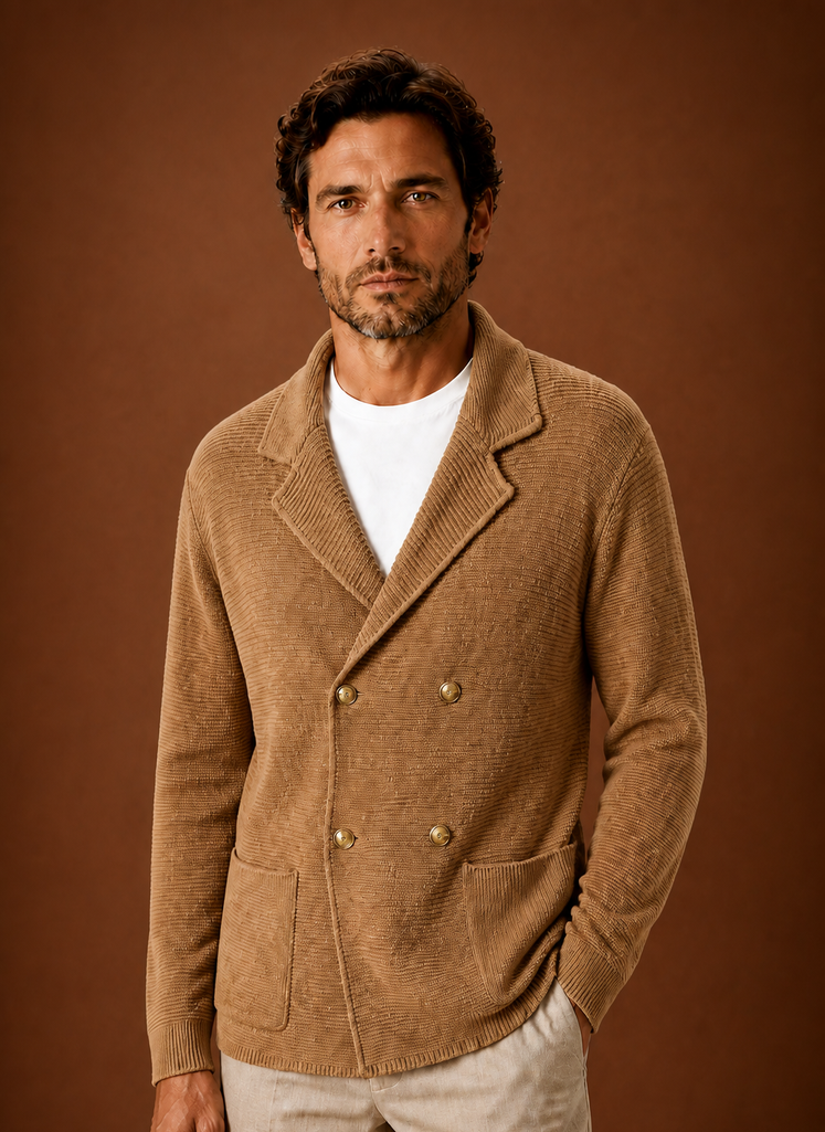 Men's double-breasted knit cardigan with shawl collar and patch pockets