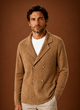 Men's double-breasted knit cardigan with shawl collar and patch pockets