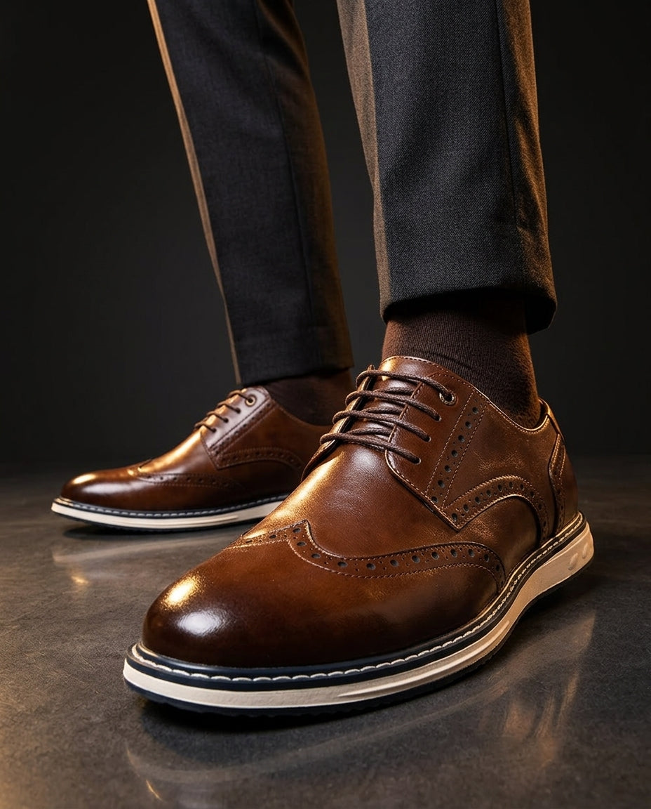 Wingtip brogue trainers with perforated panels and layered soles