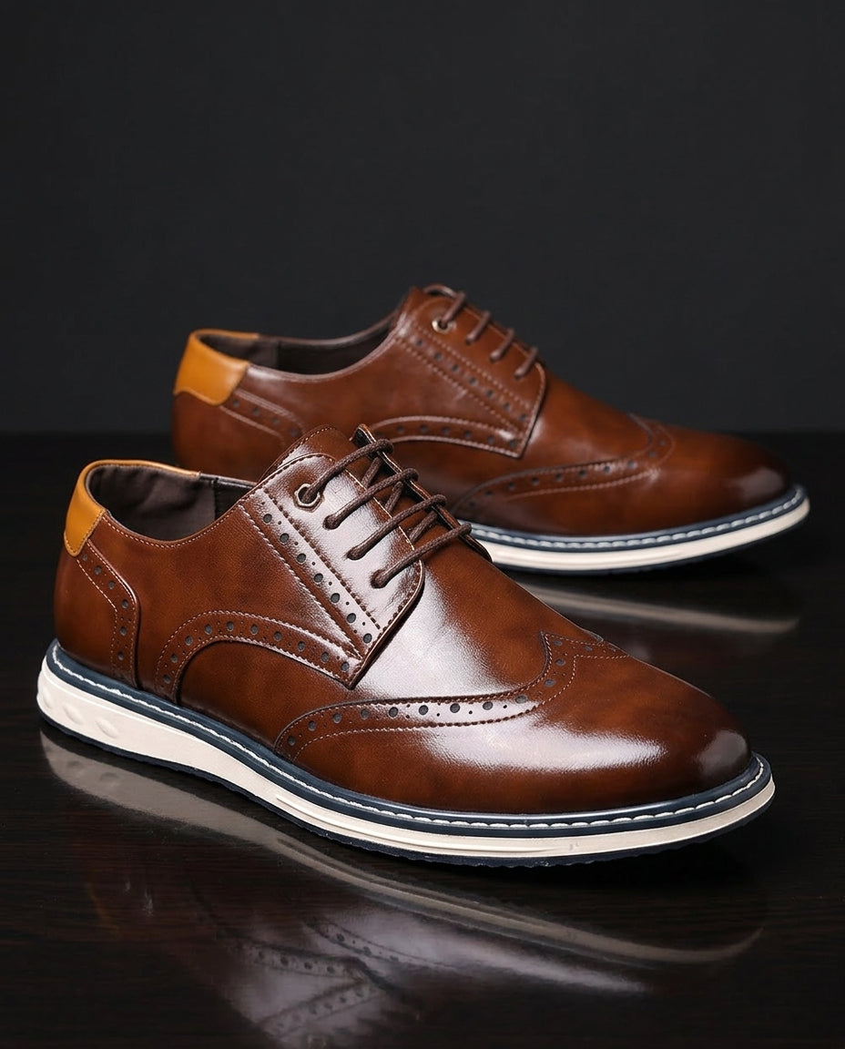 Wingtip brogue trainers with perforated panels and layered soles