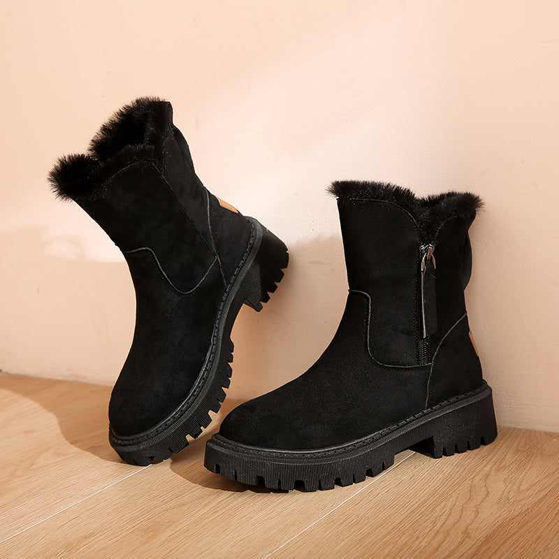 Fur-trimmed winter boots with side zipper and lug sole